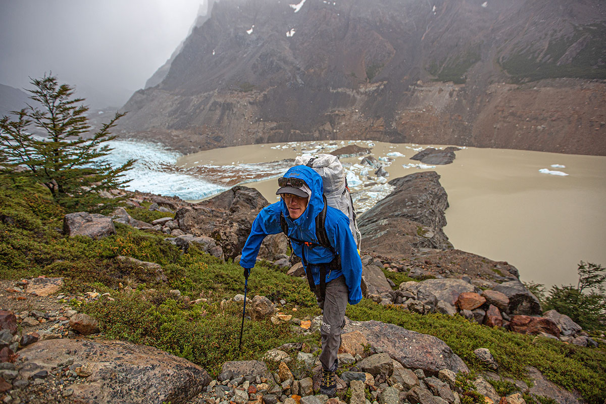 Helly Hansen Blaze 3 Layer Shell Jacket (hiking up hill above river)